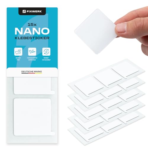 FIXWERK Nano Klebesticker | doppelseitige Klebepatches | extra starke Nano Aufkleber | quadratische Klebepads | wiederverwendbar | wasserfest | transparent (4,5cm x 4,5cm x 1mm) von FIXWERK