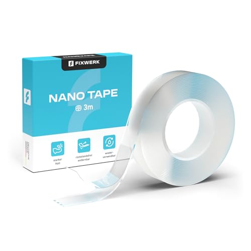 FIXWERK Nano Tape | Doppelseitig Nano Klebeband | Extra stark | 3 Meter Rolle | Klebeband ablösbar | waschbar & wiederverwendbar | transparent (1mm x 1,5cm x 3m) von FIXWERK