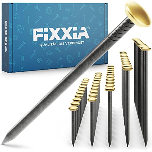 FIXXIA® Stahlnägel - [50er Set, 10x in 20/25/30/40/50 mm] - gehärtete Stahlnägel für Bilder - Bildernägel - mit dekorativem Kopf - Betonnägel (Goldfarben) von FIXXIA