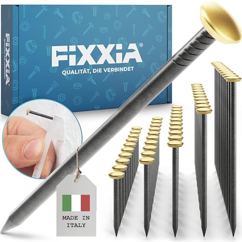FIXXIA 50 Stahlnägel mit goldfarbenen Kopf gemischte Längen 20/25/30/40/50mm, Bildernägel, Nägel zum Bilder aufhängen, Bildaufhänger, Betonnägel, Aufhänger für Bilder (inkl. Einschlaghilfe) von FIXXIA