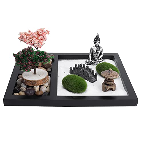 FIYO Japanischer Zen-Garten, Mini-Zen-Sandgarten-Set, Sandkasten-Tablett, Dekoration, japanischer Zen-Sand-Steingarten mit weißem Sandrechen, Werkzeuge, Buddha-Statue, Dekoration, Ornament von FIYO
