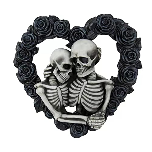 FIYSON Totenkopf Paar Wanddeko 20 x 20cm Schwarzem Schädel Herzförmig Rose Hängende Dekoration Türschmuck Halloween Schädel kranz Herbst Winter Dekorativer Das Erntedankfest Innen Wanddekoration von FIYSON