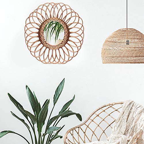 FIYSON Wandbehang Spiegel Rund Hängenden Wandspiegel 40cm, Boho Spiegel Rattan Schminkspiegel Dekorative Wandspiegel für Diele, Ankleidezimmer, Wohnzimmer und Mehr natürlicher Rattanspiegel von FIYSON