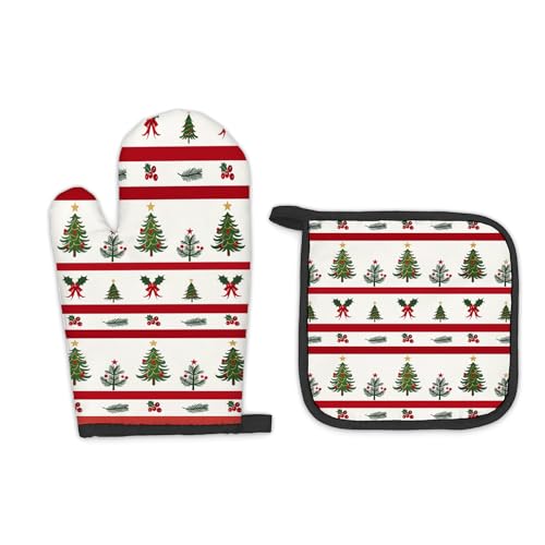 FIicy Rote und grüne Weihnachts-Ofenhandschuhe und Topflappen-Sets, rote und grüne Weihnachtsdekoration, Küchenzubehör-Sets, Weihnachtsbaum, Weihnachten, hitzebeständige Ofenhandschuhe, Topflappen für von FIicy