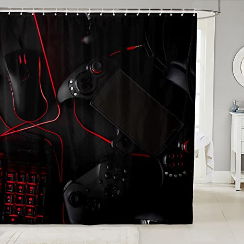 Duschvorhang Game Gamepad Bathroom Shower Curtain Set Modern Video Game Controller Shower Curtain for Boys Gaming Gamer Console Fabric Bath Curtain Black Red Bathtubs Decor 72"x72" Shower Curtains von FJAUOQ