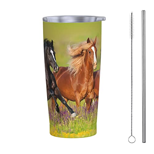 FJAUOQ 590 ml Becher mit Deckel und Strohhalm, Pferde laufen, vakuumisoliert, Eiskaffeebecher, wiederverwendbar, Reisebecher, Edelstahl-Wasserflasche von FJAUOQ