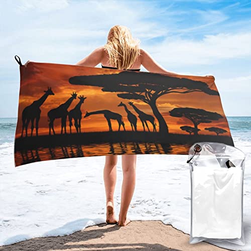 FJAUOQ Afrika Giraffe Majestic Tree Quick Dry Badetücher für Badezimmer, Mikrofaser, Strandtuch, Badetücher mit Aufhängeschlaufe und PVC-Tasche, 160 x 80 cm von FJAUOQ