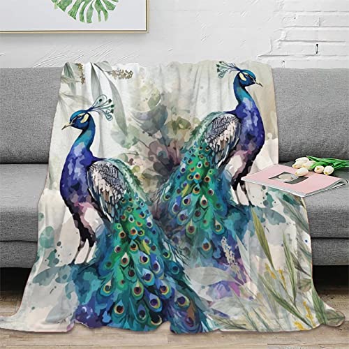 FJAUOQ Aquarell-Pfau-Überwurfdecke für Couch – Retro-Tiere, buntes Pfauen-Motiv, leichte, weiche Decken und Überwürfe für Sofa, 127 x 152 cm von FJAUOQ