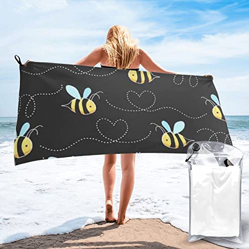 FJAUOQ Bienen and Stripe Quick Dry Badetücher für Badezimmer, Mikrofaser, Strandtuch, Badetücher mit Aufhängeschlaufe und PVC-Tasche, 130 x 70 cm von FJAUOQ