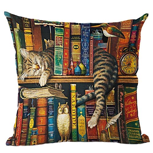 FJAUOQ Dekorativer Kissenbezug im Bücherregal, schlafende Katze, aus Baumwoll-Leinen-Mischgewebe, quadratisch, 45,7 x 45,7 cm von FJAUOQ