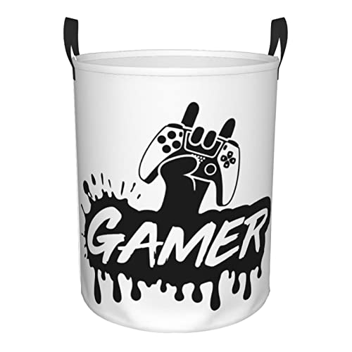 Gamer Gamepad und Hand, runder Wäschekorb, Geschenk für Gamer, Aufbewahrungskorb, Spielzeug, Kleidung, Organizer, Behälter für Zuhause, Badezimmer, Schlafzimmer, Wohnheim, 38 l von FJAUOQ