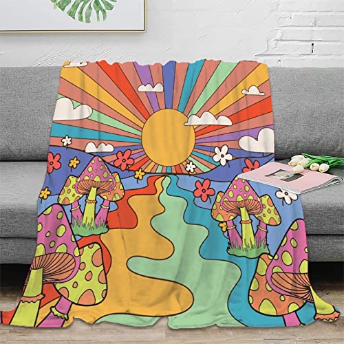 Vintage Sonne und Regenbogen 70er Jahre Überwurfdecke für Couch, abstrakte niedliche Pilzblume Sonnenuntergang Sonnenaufgang Kunst Bettdecken, weiche und warme Decken für den Winter, 150 x 200 cm von FJAUOQ