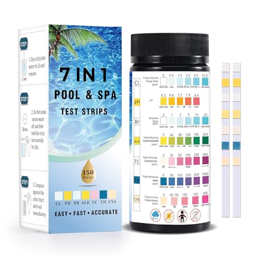 Pool Teststreifen Ph und Chlor : 150 Stück 7 IN Pool Wassertester Genau und Einfach zu Prüfen PH, Bromine, Freies Chlor,Gesamtalkalität, Gesamtchlor, Gesamthärte, Cyanursäure von FJHTY