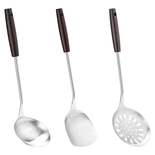 FJNATINH Wok Spatula,Wok LöFfel And Wok SchaumlöFfel Set, Stainless Steel KüChenhelfer Set, Suitable For Kitchens With Long Heat-Resistant Wooden Handle von FJNATINH