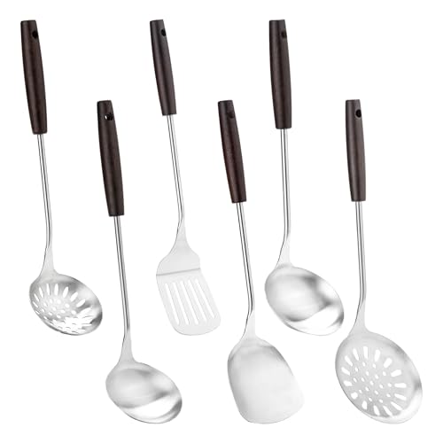 FJNATINH Wok Pfannenwender Set With Wooden Handle,6 Stück Wok ZubehöR Set Stainless Steel KüChenhelfer von FJNATINH