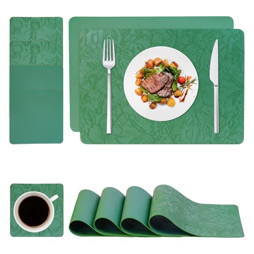 FJNATINH Tischsets, Platzsets Abwaschbar, Tischset Blumen rutschfest Platzdeckchen, Abwischbar Doppelseitigen Platzset 4 Set, mit Untersetzer, 43x30cm, für Küche, Esszimmer(Grün) von FJNATINH