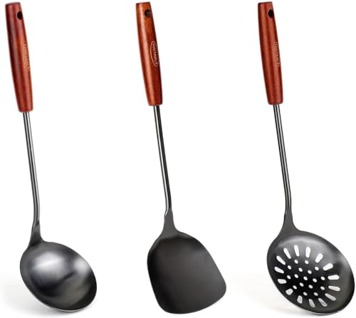 FJNATINH Wok Kelle, Wok Spatel Und SchaumlöFfel, Hohe Qualität Edelstahl KüChenhelfer Set,SpüLmaschinenfest,36,2-38,1 Cm von FJNATINH