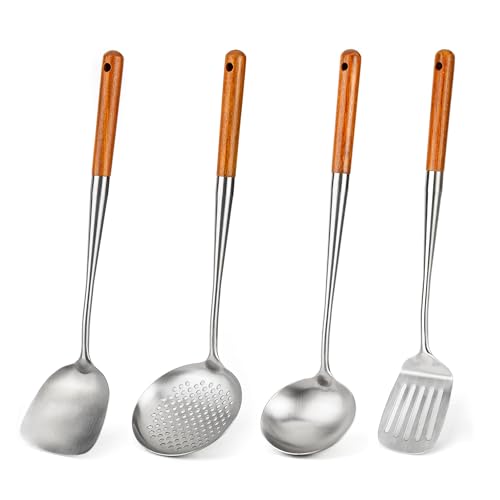 FJNATINH Wok-Pfannenwender,Schöpflöffel, Schaumlöffel und Spachtel Werkzeugset, 43,2 cm, 4PCS Wok Schaufel Set, 304 Edelstahl von FJNATINH