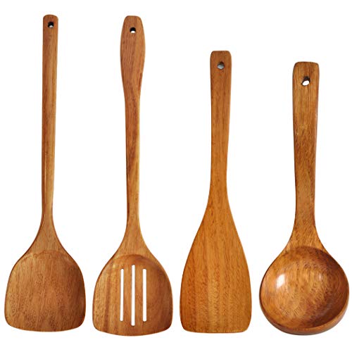 FJNATINH Holzspatel, Pfannenwender, Schöpflöffel mit langem Griff, handgefertigt für Küche Kochgeschirr (4 Sets) von FJNATINH