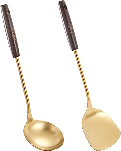 FJNATINH Wok Spatula und Schöpfkelle Wok Utensilien, 14-14.8 Zoll Wok Pfannenwender,Edelstahl Golden Wok Kelle Set von FJNATINH