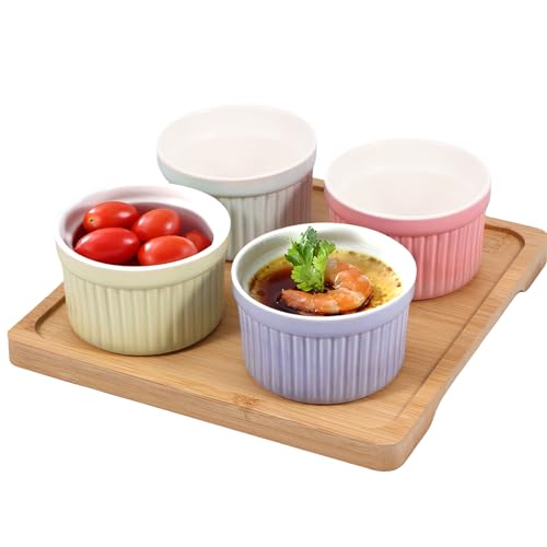 Auflaufförmchen-Set 4/8 Stück Keramik-Auflaufförmchen mit Bambustablett, 113 ml, ofenfest, kleines Backschüssel-Set, stapelbar, Creme-Brulee-Backförmchen, Mehrzweck(8 Pcs) von FJOADNVM