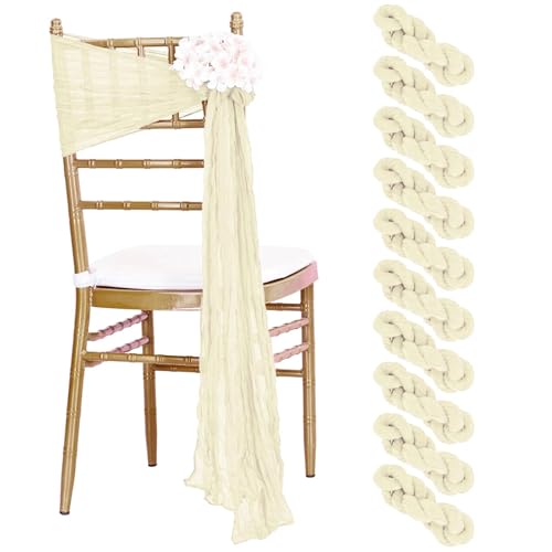 FJOADNVM Stuhlschleife Hochzeit 10 PCS 40x275cm Cheesecloth Chair Sashes Bow Designed Decorative Cover for Wedding Reception Party(Beige) von FJOADNVM