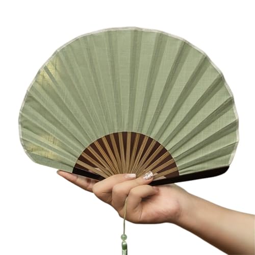 Faltfächer Kreativer Retro-Mini-Muschelventilator aus Baumwollleinentuch, faltbarer Handventilator, sanfte Volltonfarbe, Handventilator for Damen(Green) von FJOADNVM