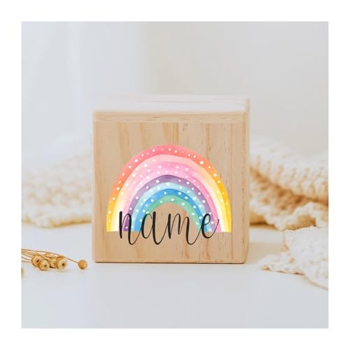 Spardose Kinder Personalisierte Spardose Regenbogen Holz Spardosen Kind Münze Bank Münzsammlung Fall Geburtstag Urlaub Geschenk for Kinder(RB-03) von FJOADNVM