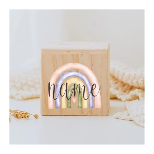 Spardose Kinder Personalisierte Spardose Regenbogen Holz Spardosen Kind Münze Bank Münzsammlung Fall Geburtstag Urlaub Geschenk for Kinder(RB-04) von FJOADNVM