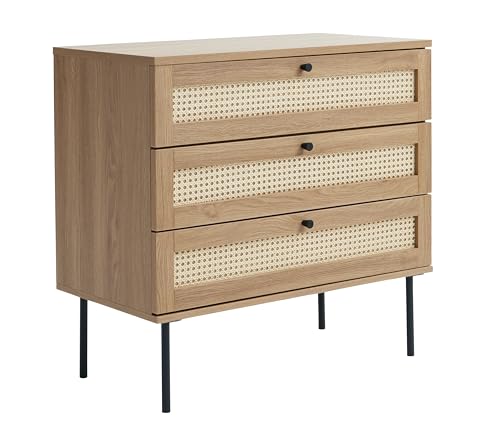 FJORDFORM Rattan Kommode, Kommode mit Schubladen, Metallbeine, Kommode Schlafzimmer, Schubladenkommode mit Viel Stauraum, Komodenschrank für Schlafzimmer, Wohnzimmer, Flur, Büro 80x75x40cm von FJORDFORM