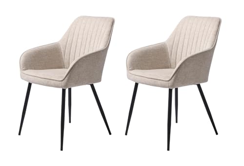 FJORDFORM Esszimmerstuhl, 2'er Set, Küchenstuhl, Polsterstuhl, WohnzimmerstuhL mit Rückenlehne, Sitzfläche aus Polyester, Schwarze Metallbeine, Quadratisches Munster, Beige, Perfekt für das Esszimmer von FJORDFORM