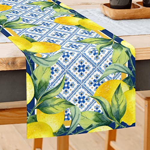 FJPT Tischläufer für Frühling, Sommer, Zitrone, Cyan, Blau, 33 x 183 cm, saisonale Küche, Esstisch, Dekoration für drinnen und draußen, Versammlungen, Abendessen, Party, Terrasse, Dekoration von FJPT