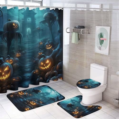 4-teiliges Halloween-Duschvorhang-Set mit Schloss, abstraktes Kürbisnacht-Fledermaus-Badezimmerset, Duschvorhang-Set mit Teppichen und Zubehör, Badezimmerdekor mit Badematten und Toilettendeckelbezug 4-teiliges Halloween-Duschvorhang-Set mit Schloss, abstraktes Kürbisnacht-Fledermaus-Badezimmerset, Duschvorhang-Set mit Teppichen und Zubehör, Badezimmerdekor mit Badematten und Toilettendeckelbezug von FJQWKLF