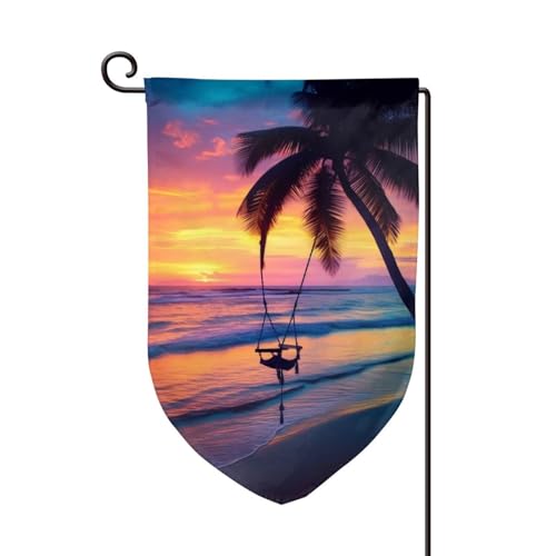 Coconut Beach Sunset Hängematte Prints Frühlings-Gartenflaggen 12 x 18 Zoll Hof-Gartenflagge Herbst-Gartenflagge Outdoor-Dekorationsflagge Scharfe Ecken von FJQWKLF