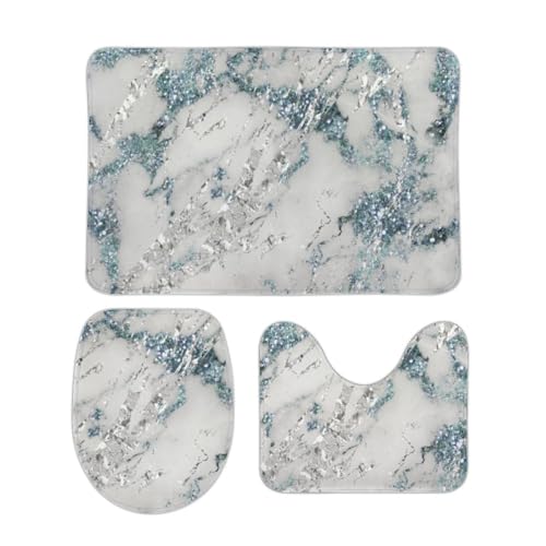 FJQWKLF 3-teiliges Badvorleger-Set, Badezimmermatten-Set in Marmor, Weiß, Grau, Silbergrau, Rutschfester, saugfähiger U-förmiger Konturteppich und Toilettendeckelbezug von FJQWKLF