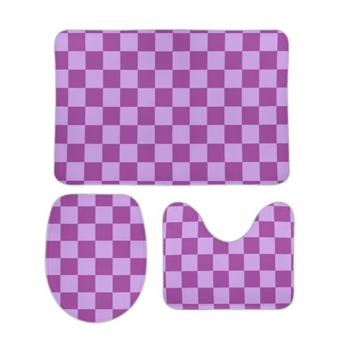 FJQWKLF 3-teiliges Badvorleger-Set, Kariertes lila Badezimmermatten-Set, Rutschfester, saugfähiger U-förmiger Konturteppich und Toilettendeckelbezug von FJQWKLF