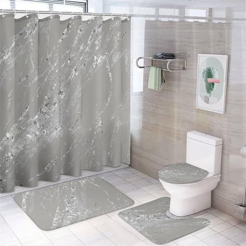FJQWKLF 4-teiliges Duschvorhang-Set, Marmor-Metallic-Silbergrau-Badezimmer-Set mit Duschvorhängen, Rutschfester Badematte, Toilettendeckelbezug und U-förmiger Matte, 183,9 x 183,9 cm von FJQWKLF