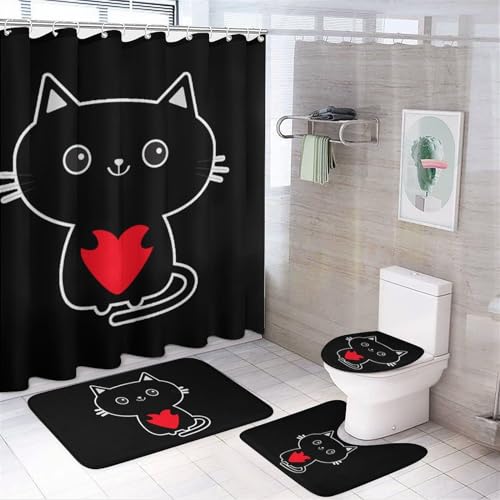 FJQWKLF 4-teiliges Duschvorhang-Set mit schwarzer Katze, rutschfesten Teppichen, Toilettendeckelbezug und Badematte, Badezimmer-Sets von FJQWKLF