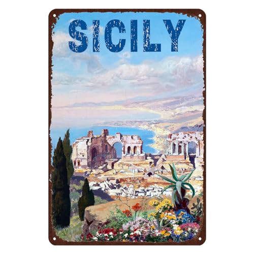 FJQWKLF Vintage-Metall-Blechschild mit Reiseposter „Sizilien, Retro-Blechplakette, Garagenschilder für Männer, Zuhause, Café, Schlafzimmer, Fitnessstudio, Wanddekoration, 30,5 x 20,3 cm FJQWKLF Vintage-Metall-Blechschild mit Reiseposter „Sizilien, Retro-Blechplakette, Garagenschilder für Männer, Zuhause, Café, Schlafzimmer, Fitnessstudio, Wanddekoration, 30,5 x 20,3 cm von FJQWKLF