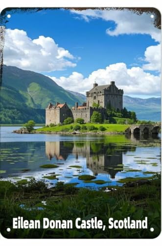 FJQWKLF Vintage-Metallschild Eilean Donan Castle, Schottland Blechschild Aluminiumschild Retro-Wanddekoration für Zuhause, Café und Garten 20,3 x 30,5 cm von FJQWKLF