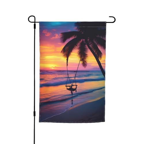 Kokosnuss-Strand-Sonnenuntergang-Hängematte, Gartenflagge, Frühlings-Gartenflaggen, St. Patricks Day-Gartenflagge, Außendekoration, 12 x 18 Zoll, Polyesterfaser-Flagge von FJQWKLF