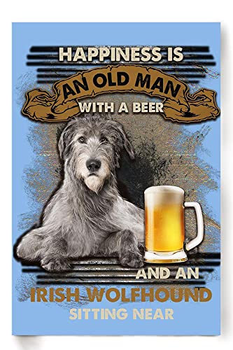 Metallschild „Irish Wolfhound“ im Vintage-Stil, Metallschild „Happiness Is An Old Man With Irish Wolfhound Sitting Near“, Retro-Metallblechschild, Wanddekoration, Geschenk für Badezimmer, Restaurant, von FJQWKLF
