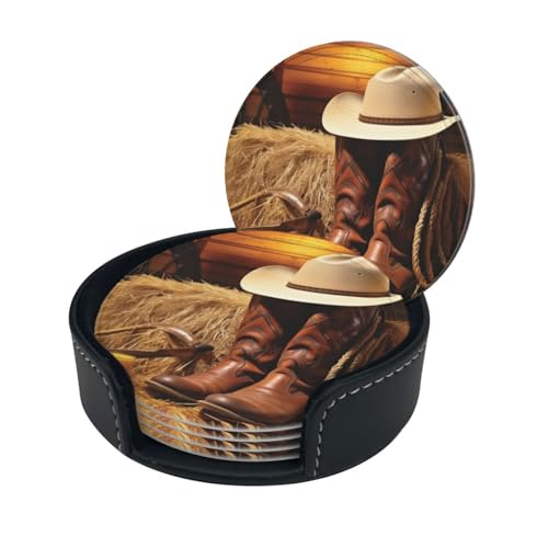 Stilvolle Untersetzer – Cowboy-/Westernstiefel mit schwarzem Hut, 6er-Set, runde Getränkeuntersetzer aus Leder mit Halter, perfekte Größe für Tassen und Gläser, 10555 von FJQWKLF