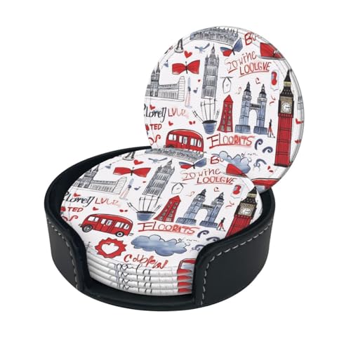 Stylish Coasters - London, 6er-Set, runde Getränkeuntersetzer aus Leder mit Halter, perfekte Größe für Tassen und Gläser von FJQWKLF
