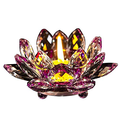 FJROnline Kristall-Kerzenhalter – Glas-Lotusblüte, Teelichthalter, Buddhistischer Kerzenständer mit Geschenkbox (lila) von FJROnline