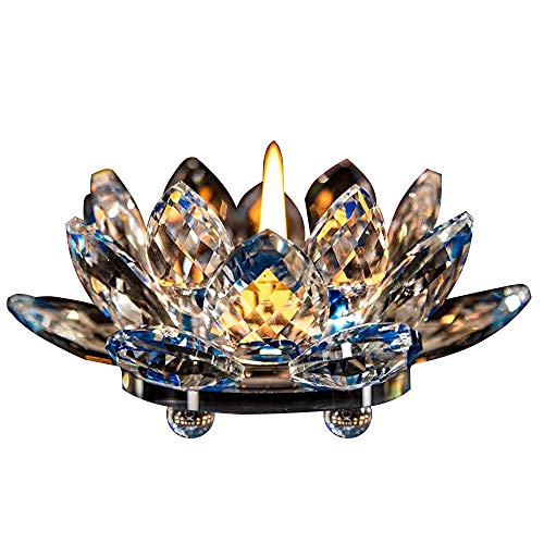 FJROnline Kristall-Kerzenhalter – Glas-Lotusblüte Teelichthalter Buddhistischer Kerzenständer mit Geschenkbox (blau) von FJROnline