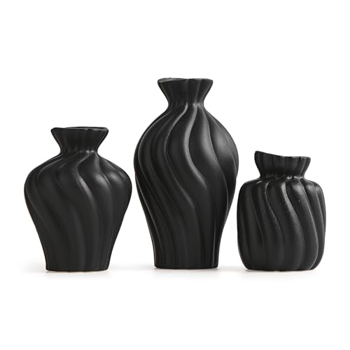 Vase Schwarz Keramik 3er Set, kleine Vasen für Pampasgras Deko, Blumenvase Modern Vasen Deko, Vase Schwarz Matt Mittelstücke für Wohnzimmer Schlafzimmer Couchtisch Eingang Dekor von FJSPERM