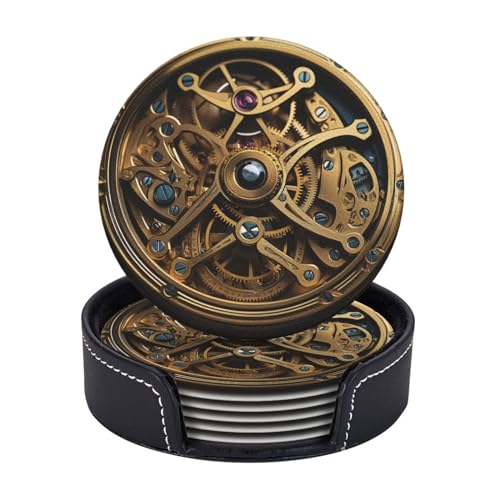 Untersetzer für Getränke, 6 Stück, Leder, Getränkeuntersetzer mit Halter, niedlicher Tassen-Untersetzer, coole Steampunk-Zahnräder, runde Tassenmatte, hitzebeständig, Bar-Untersetzer für Tassen, von FJWNMET