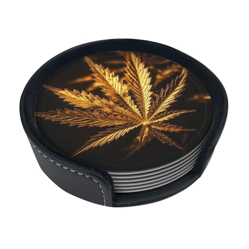 Golden Cannabis Leder Untersetzer für Getränke Runde Untersetzer Set mit 6 Getränkeuntersetzern Set mit Halter Hitzebeständige Tassenmatte für Tischschutz Teetasse Untersetzer Home Decor Golden Cannabis Leder Untersetzer für Getränke Runde Untersetzer Set mit 6 Getränkeuntersetzern Set mit Halter Hitzebeständige Tassenmatte für Tischschutz Teetasse Untersetzer Home Decor von FJWSLCH