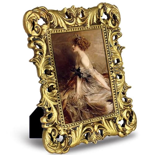 FJXMFRAME Gewellter Bilderrahmen, 12,7 x 17,8 cm, Gold, Antiker Bilderrahmen mit Glasfront, kunstvoller Barockrahmen für Tisch und Wandbehang (12,7 x 17,8 cm, Gold) von FJXMFRAME